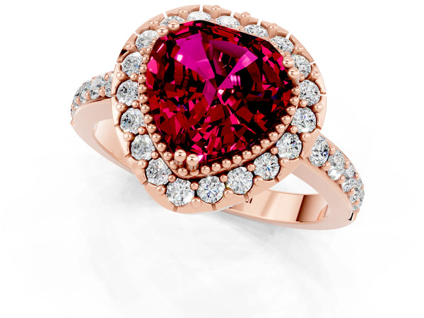 Rose gold Heart Cut Garnet Halo Ring with Pavé Band and Prong Setting
