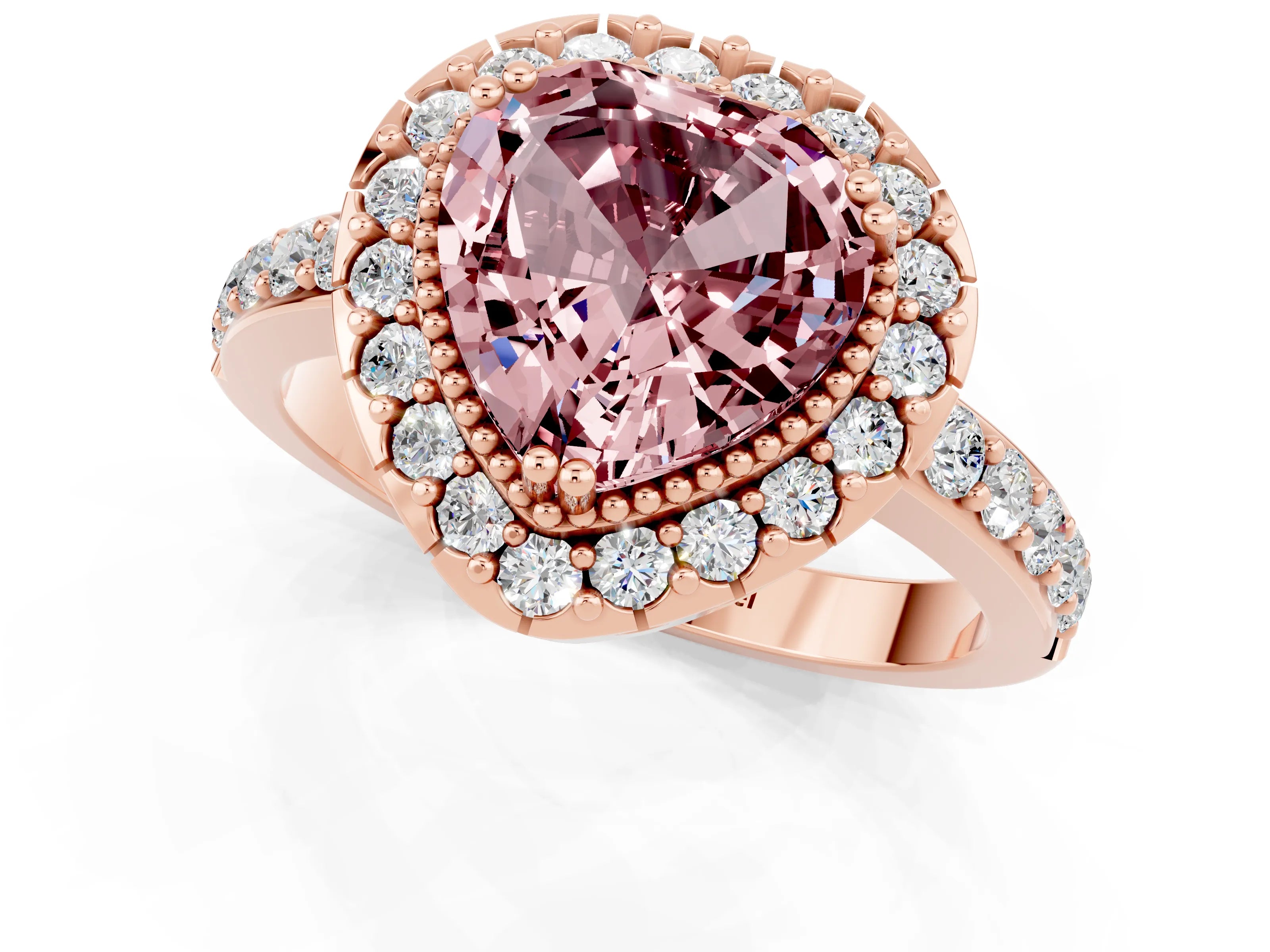 Rose gold Heart Cut Diamond Halo Ring with Pavé Band and Prong Setting_1