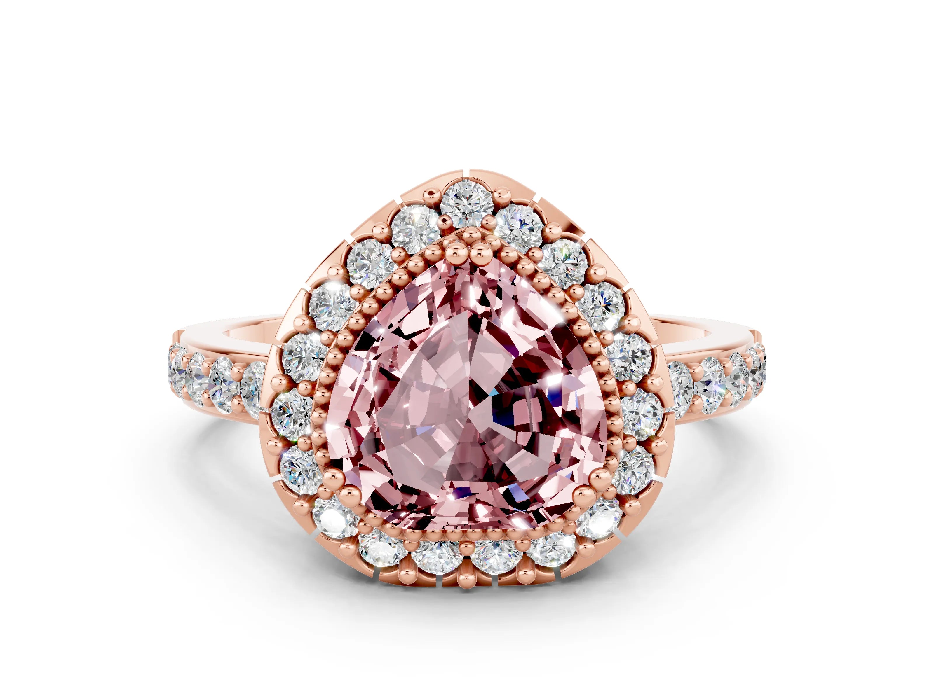 Rose gold Heart Cut Diamond Halo Ring with Pavé Band and Prong Setting