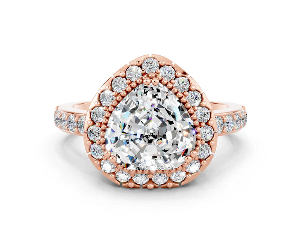 Rose gold Heart Cut Moissanite Halo Ring with Pavé Band and Prong Setting