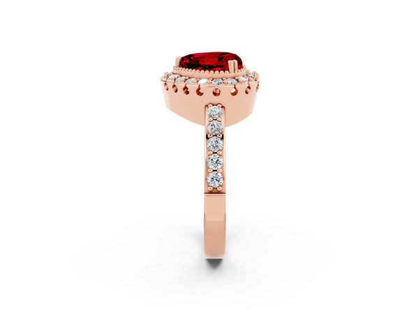 Rose gold Heart Cut Ruby Halo Ring with Pavé Band and Prong Setting