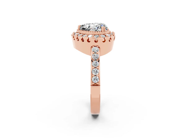 Rose gold Heart Cut Moissanite Halo Ring with Pavé Band and Prong Setting