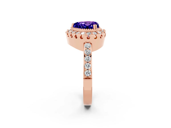 Rose gold Heart Cut Tanzanite Halo Ring with Pavé Band and Prong Setting