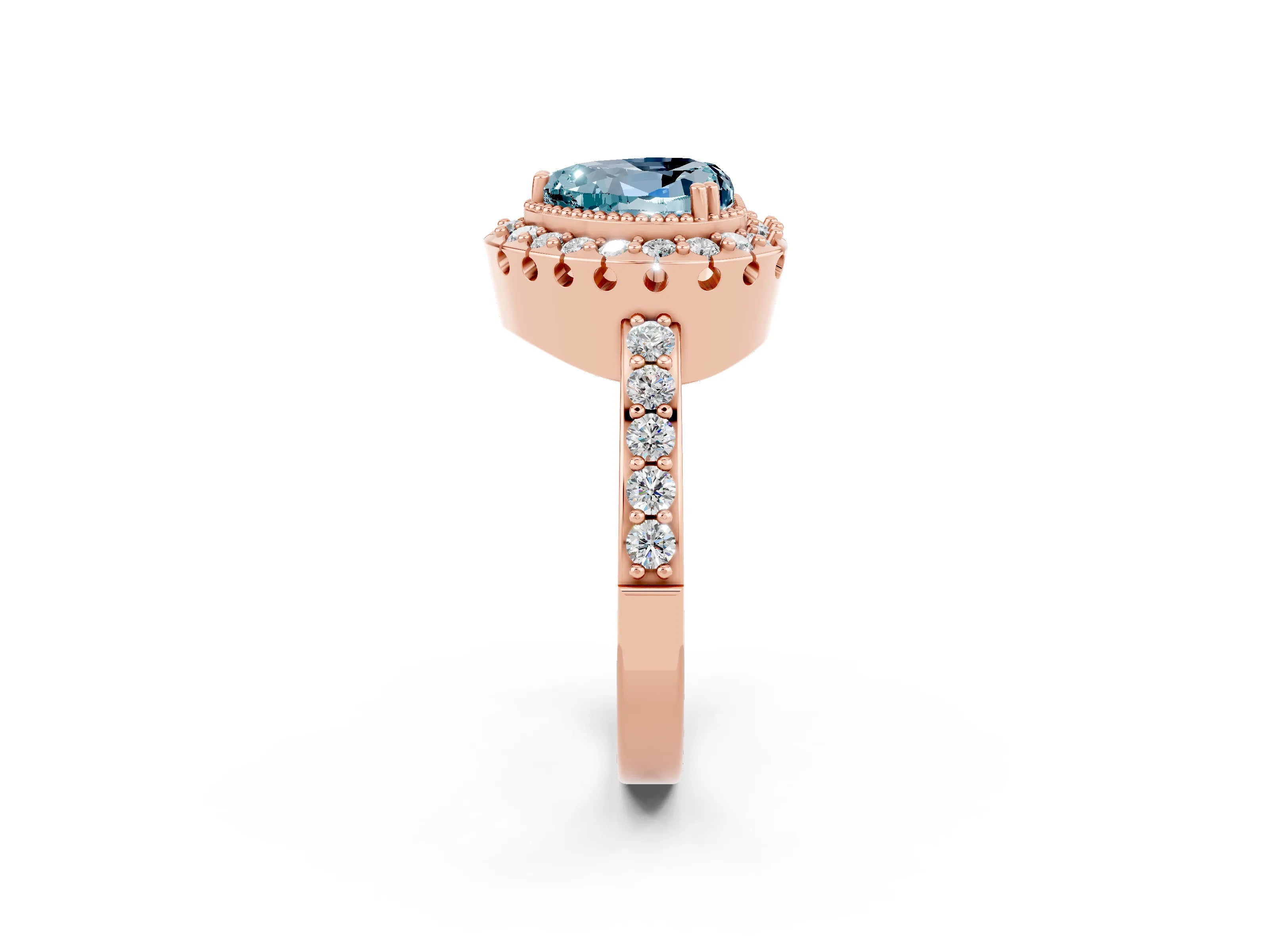 Rose gold Heart Cut Diamond Halo Ring with Pavé Band and Prong Setting_2