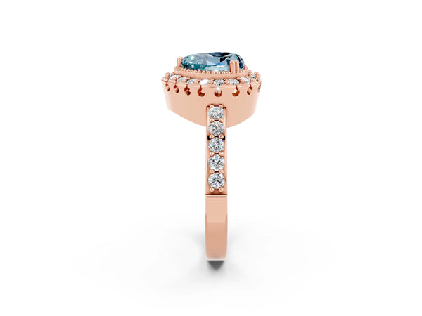 Rose gold Heart Cut Aquamarine Halo Ring with Pavé Band and Prong Setting