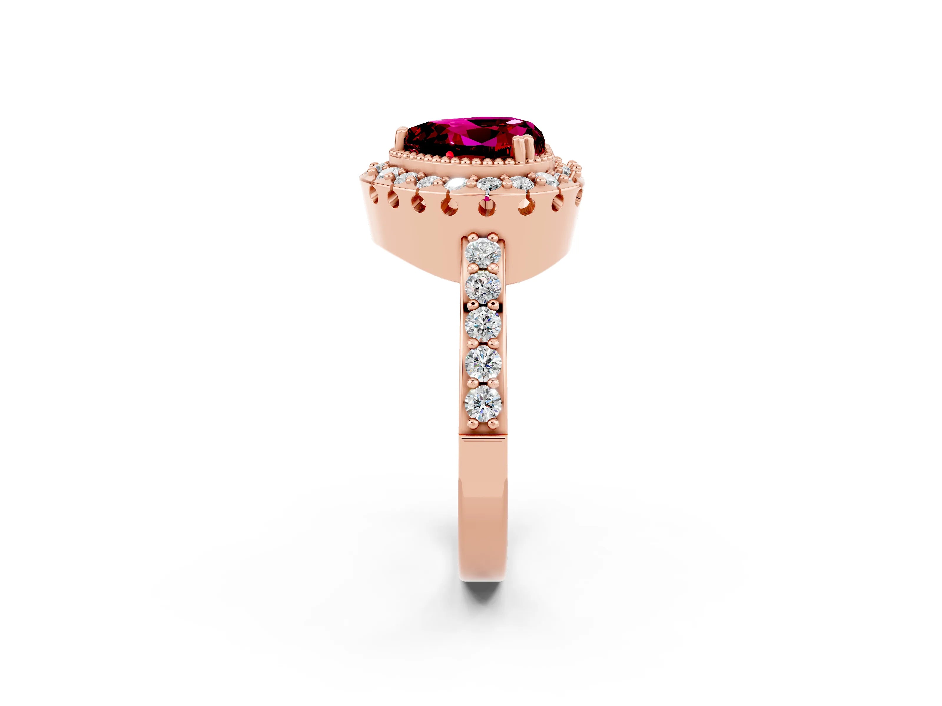 Rose gold Heart Cut Diamond Halo Ring with Pavé Band and Prong Setting_2