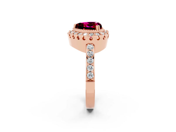 Rose gold Heart Cut Garnet Halo Ring with Pavé Band and Prong Setting