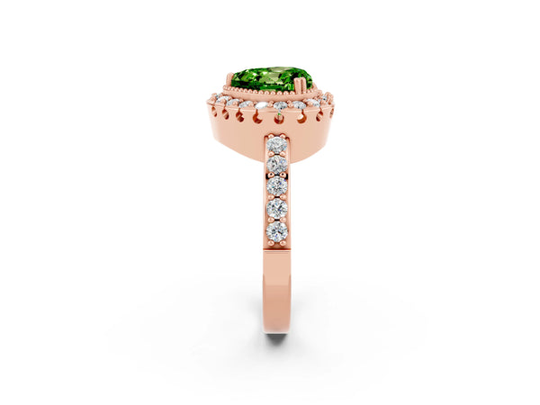 Rose gold Heart Cut Peridot Halo Ring with Pavé Band and Prong Setting