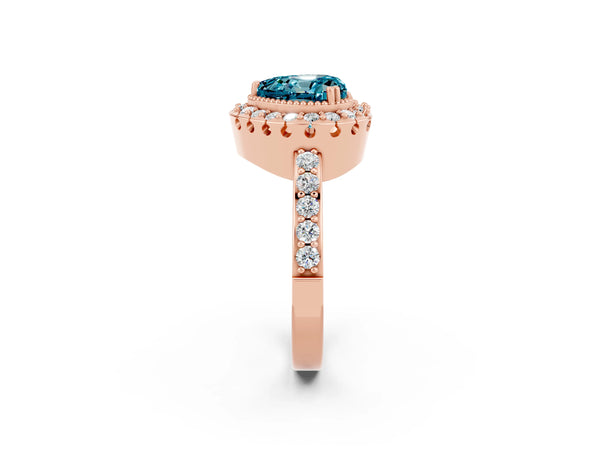 Rose gold Heart Cut Blue Topaz Halo Ring with Pavé Band and Prong Setting