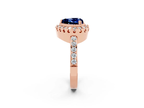 Rose gold Heart Cut Blue Sapphire Halo Ring with Pavé Band and Prong Setting