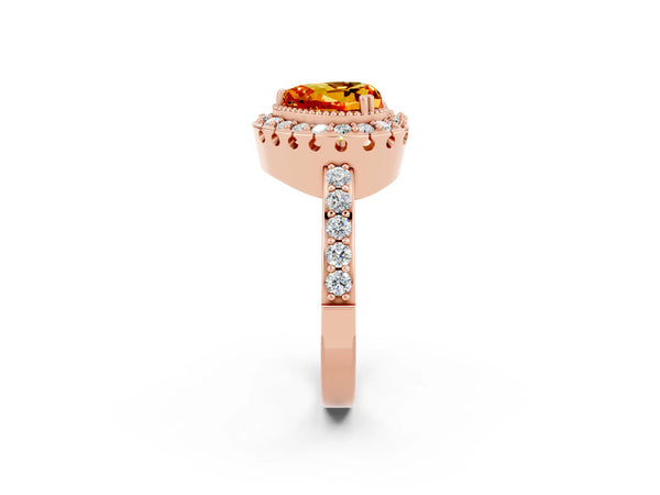 Rose gold Heart Cut Citrine Halo Ring with Pavé Band and Prong Setting
