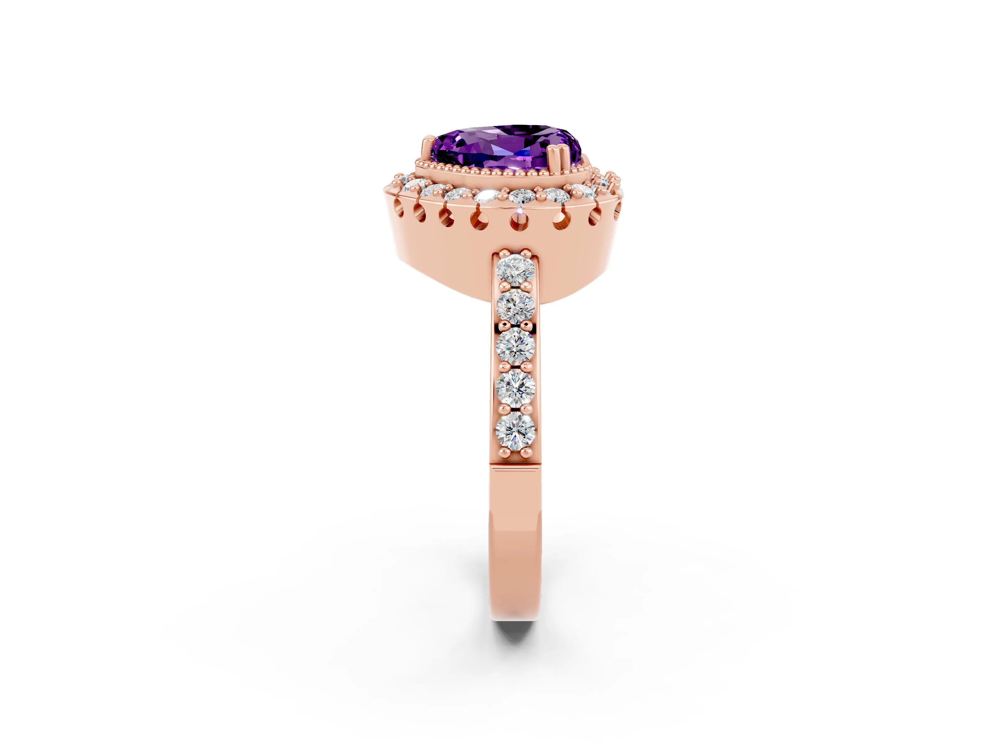 Rose gold Heart Cut Diamond Halo Ring with Pavé Band and Prong Setting_2