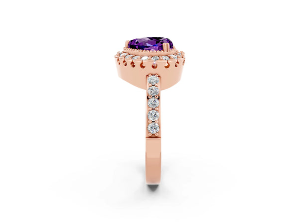 Rose gold Heart Cut Amethyst Halo Ring with Pavé Band and Prong Setting