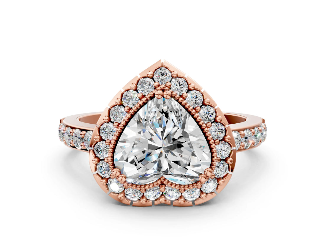 Rose gold Heart Cut Diamond Halo Ring with Pavé Band and Prong Setting_3