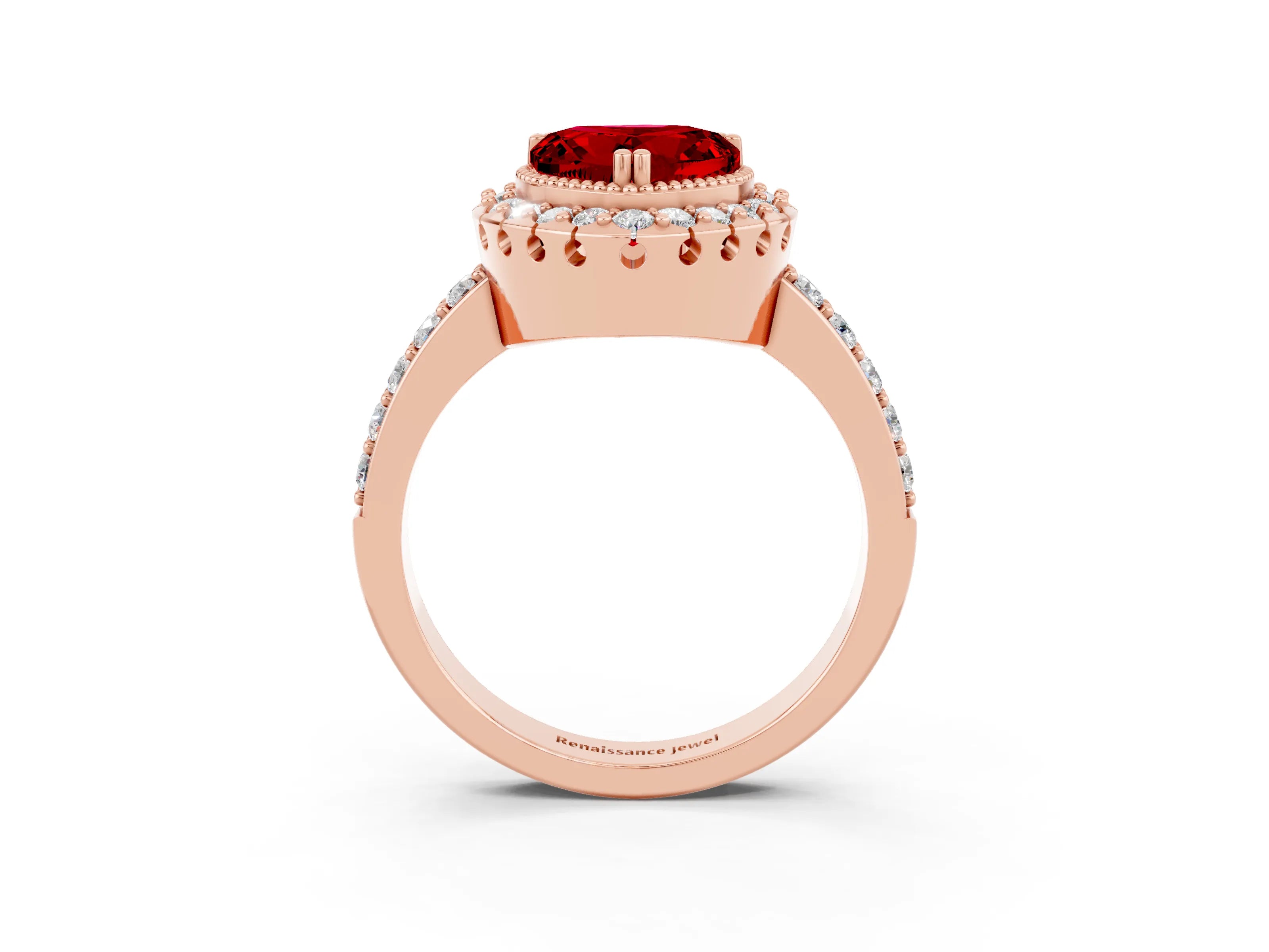 Rose gold Heart Cut Diamond Halo Ring with Pavé Band and Prong Setting_3
