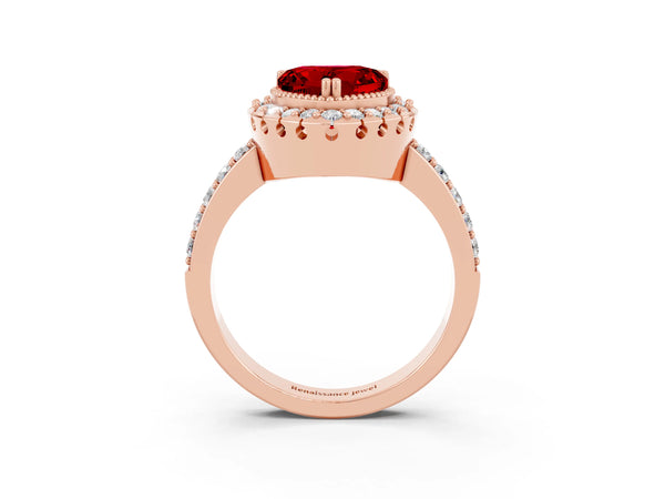 Rose gold Heart Cut Ruby Halo Ring with Pavé Band and Prong Setting