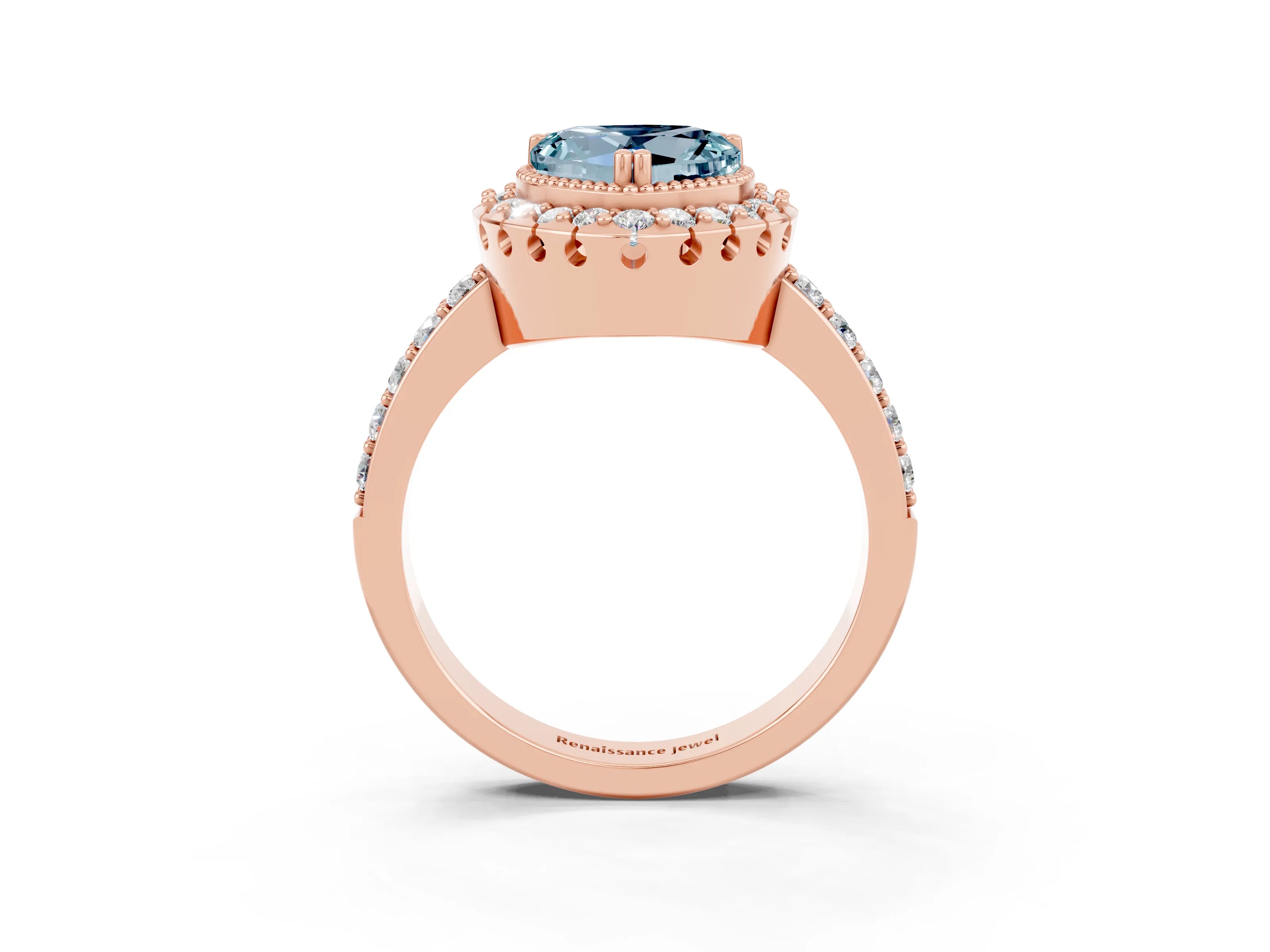 Rose gold Heart Cut Diamond Halo Ring with Pavé Band and Prong Setting_3