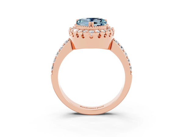 Rose gold Heart Cut Aquamarine Halo Ring with Pavé Band and Prong Setting