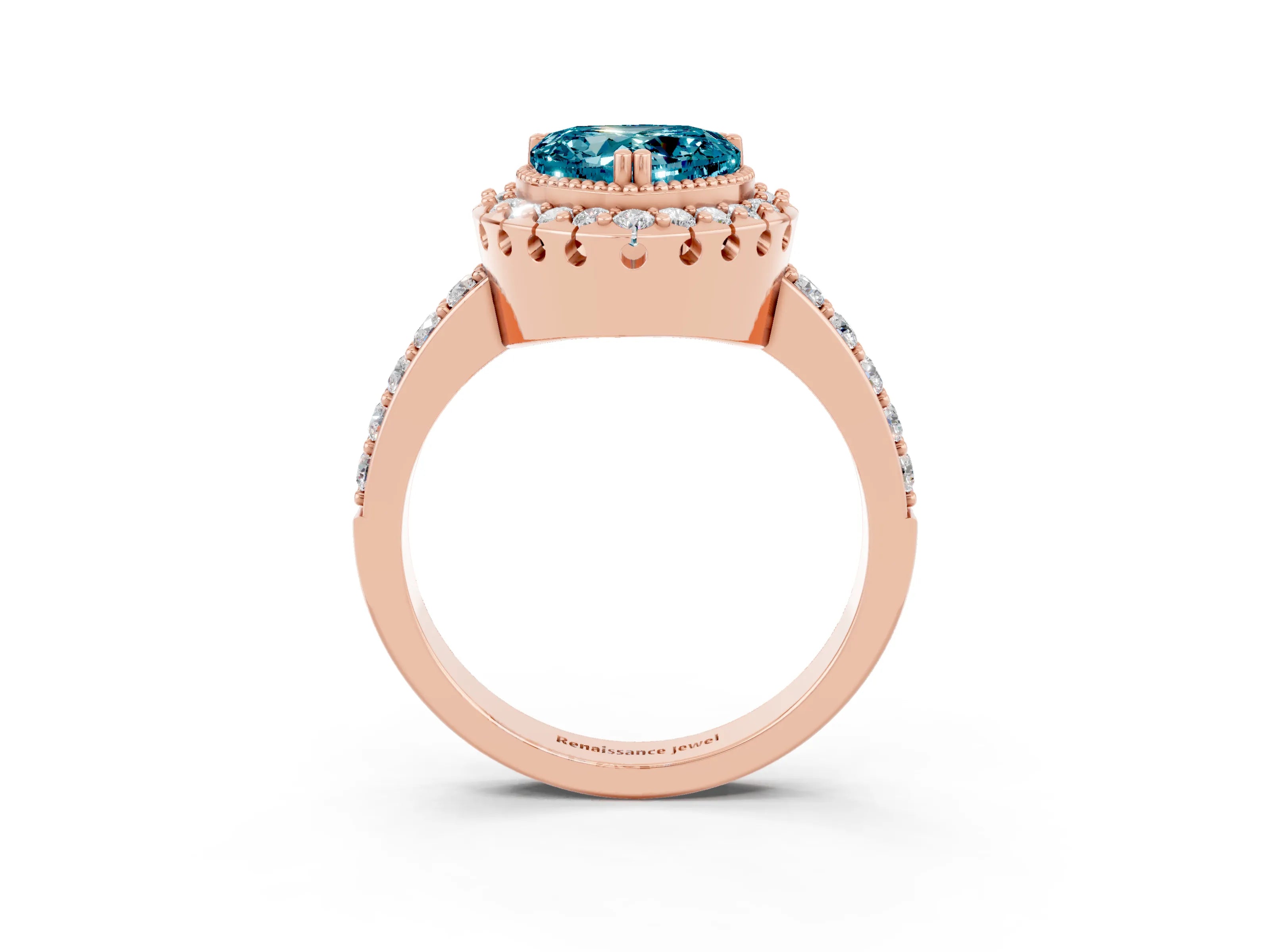 Rose gold Heart Cut Diamond Halo Ring with Pavé Band and Prong Setting_3