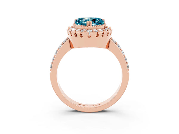 Rose gold Heart Cut Blue Topaz Halo Ring with Pavé Band and Prong Setting