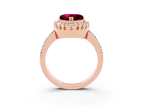 Rose gold Heart Cut Garnet Halo Ring with Pavé Band and Prong Setting
