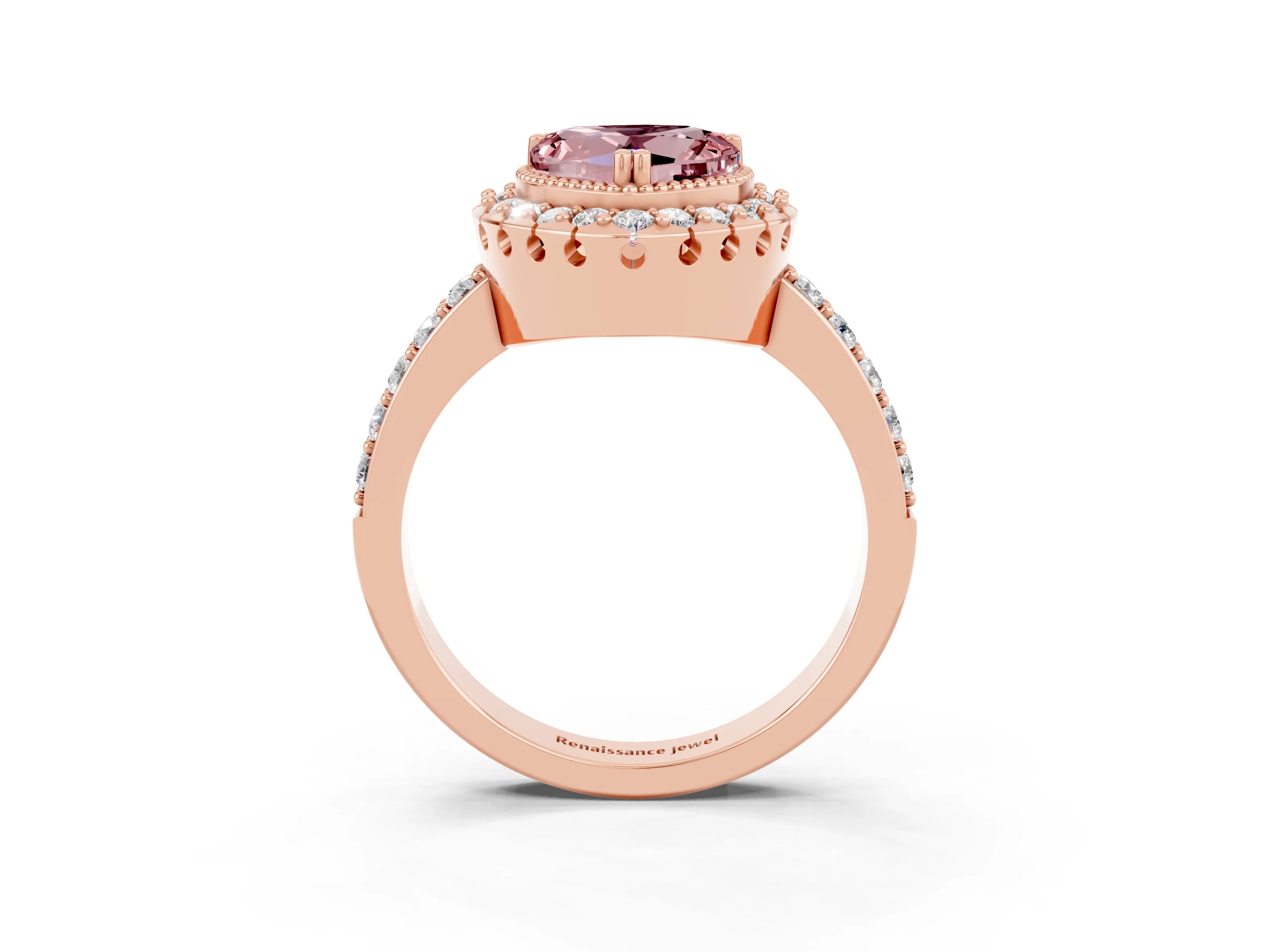Rose gold Heart Cut Diamond Halo Ring with Pavé Band and Prong Setting_3