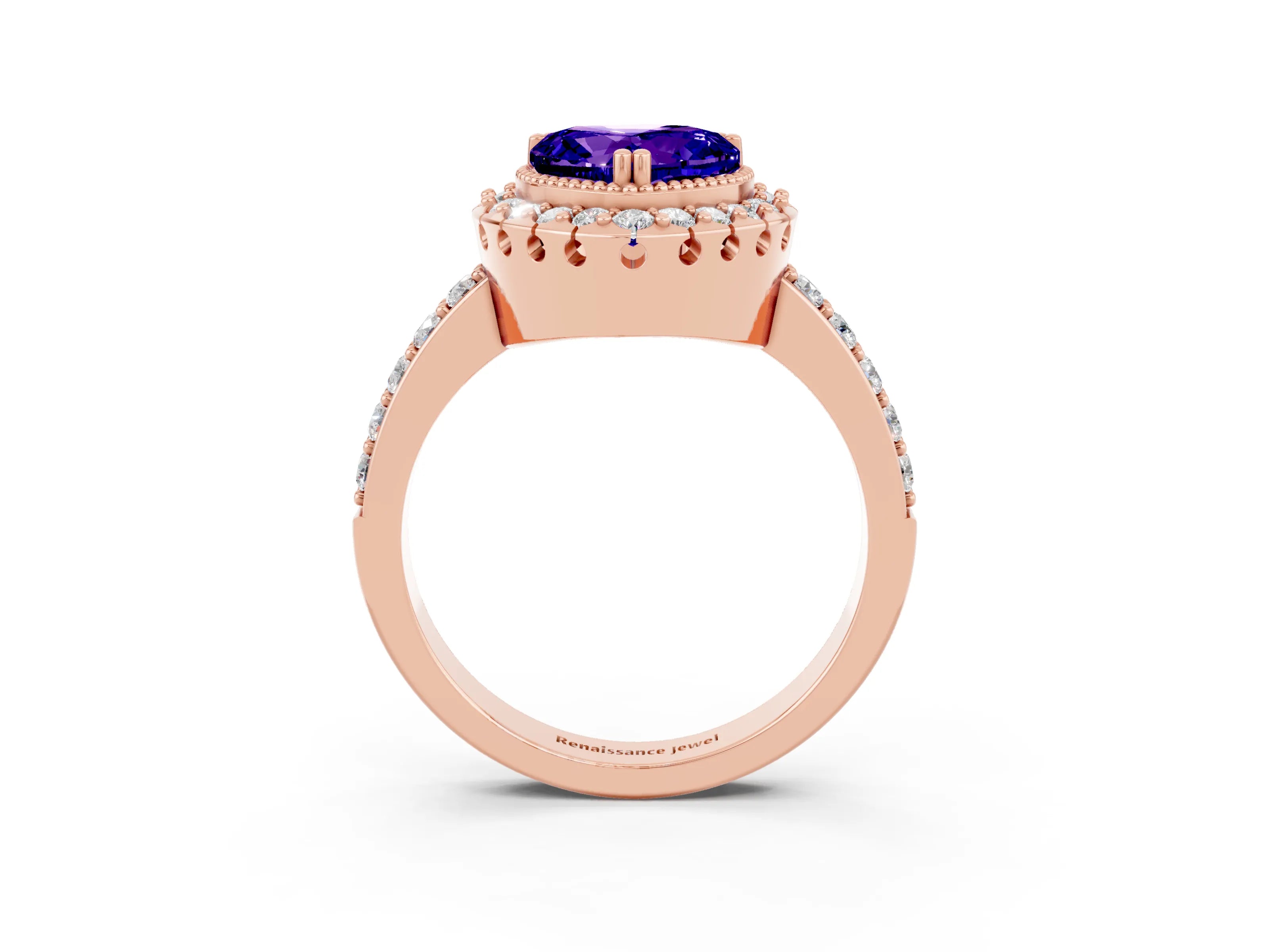 Rose gold Heart Cut Diamond Halo Ring with Pavé Band and Prong Setting_3