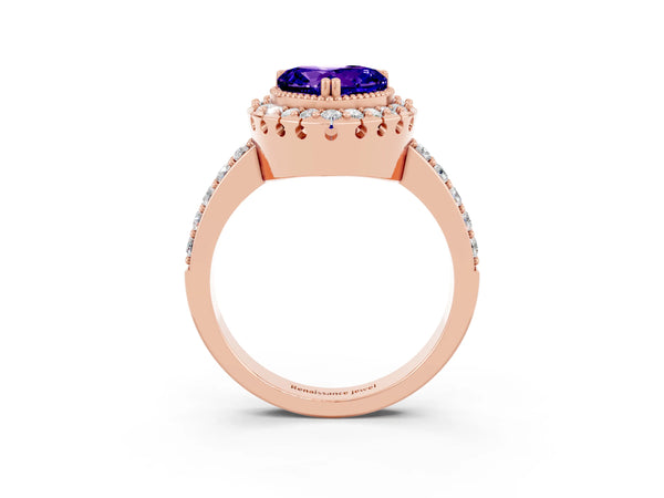 Rose gold Heart Cut Tanzanite Halo Ring with Pavé Band and Prong Setting