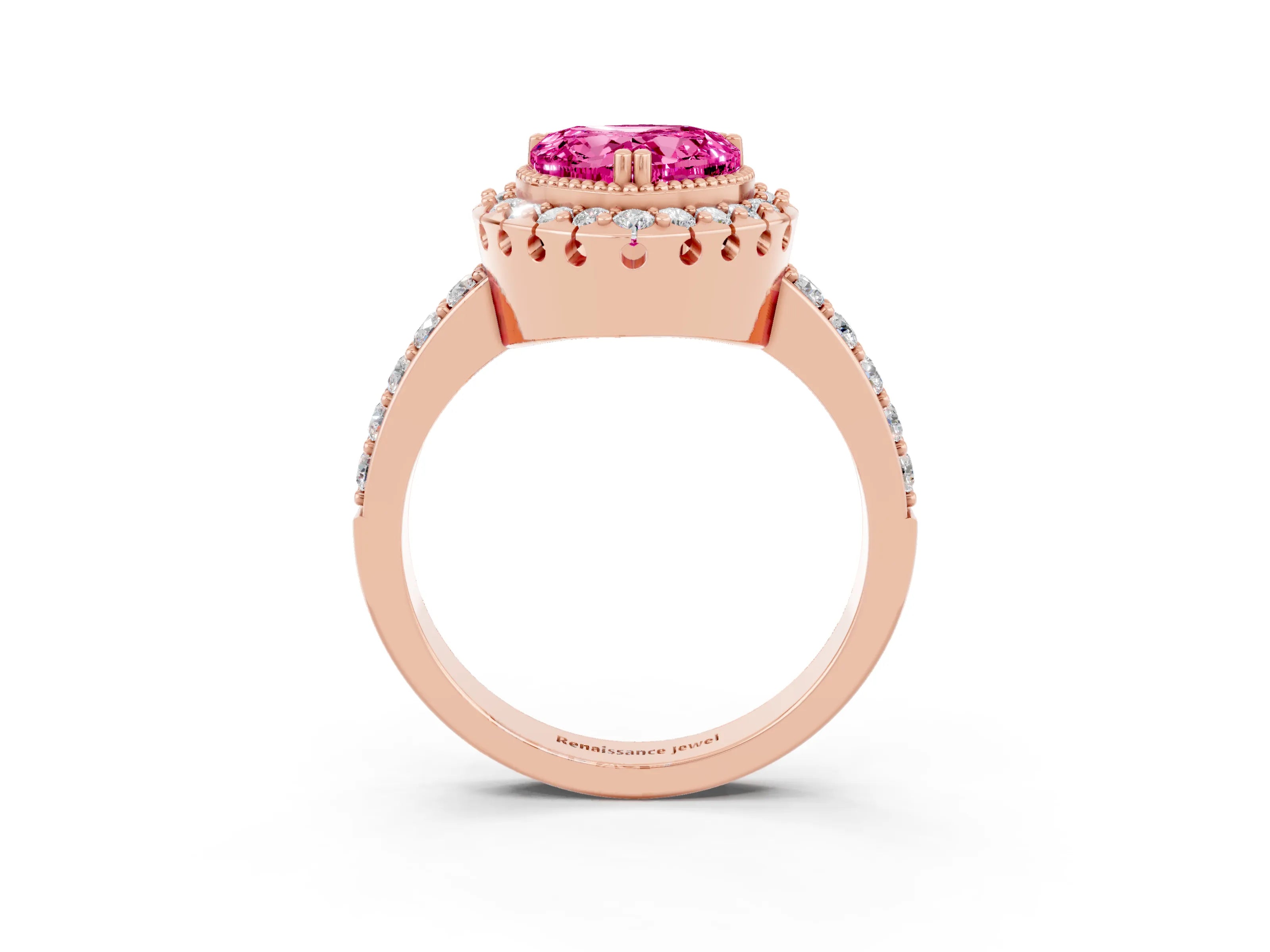 Rose gold Heart Cut Diamond Halo Ring with Pavé Band and Prong Setting_3