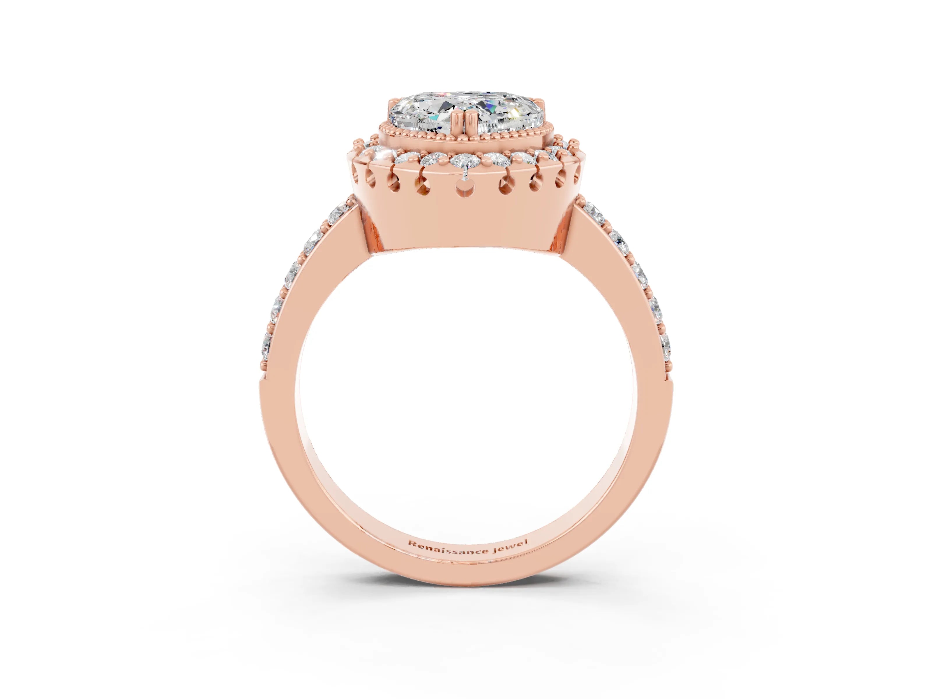 Rose gold Heart Cut Diamond Halo Ring with Pavé Band and Prong Setting_3