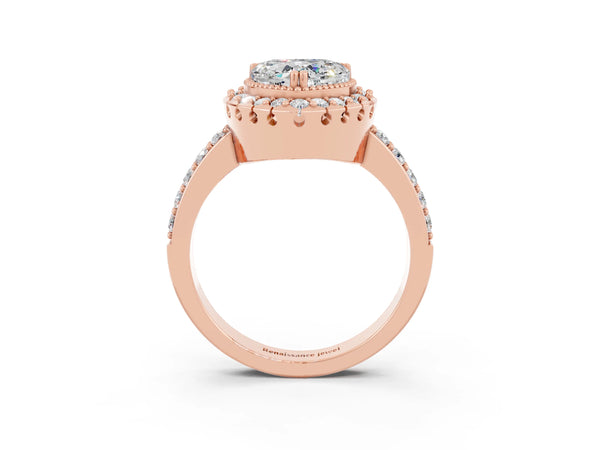 Rose gold Heart Cut Moissanite Halo Ring with Pavé Band and Prong Setting