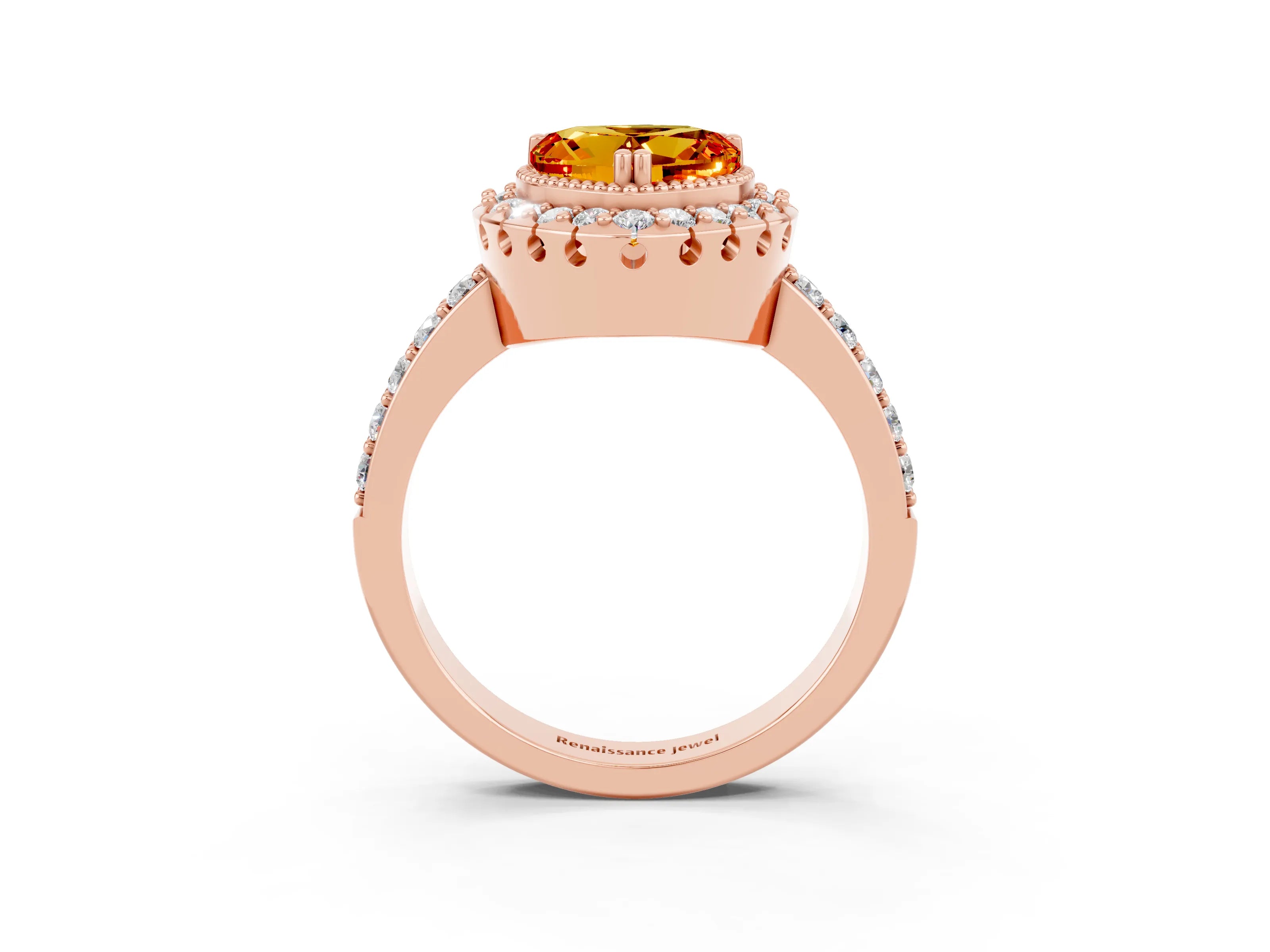 Rose gold Heart Cut Diamond Halo Ring with Pavé Band and Prong Setting_3