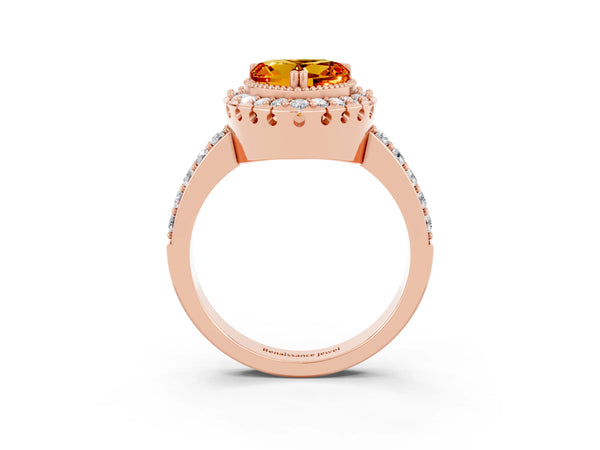 Rose gold Heart Cut Citrine Halo Ring with Pavé Band and Prong Setting