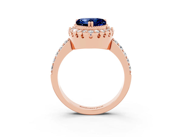 Rose gold Heart Cut Blue Sapphire Halo Ring with Pavé Band and Prong Setting