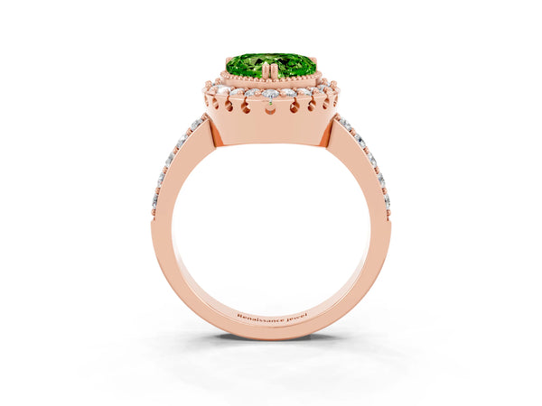 Rose gold Heart Cut Peridot Halo Ring with Pavé Band and Prong Setting