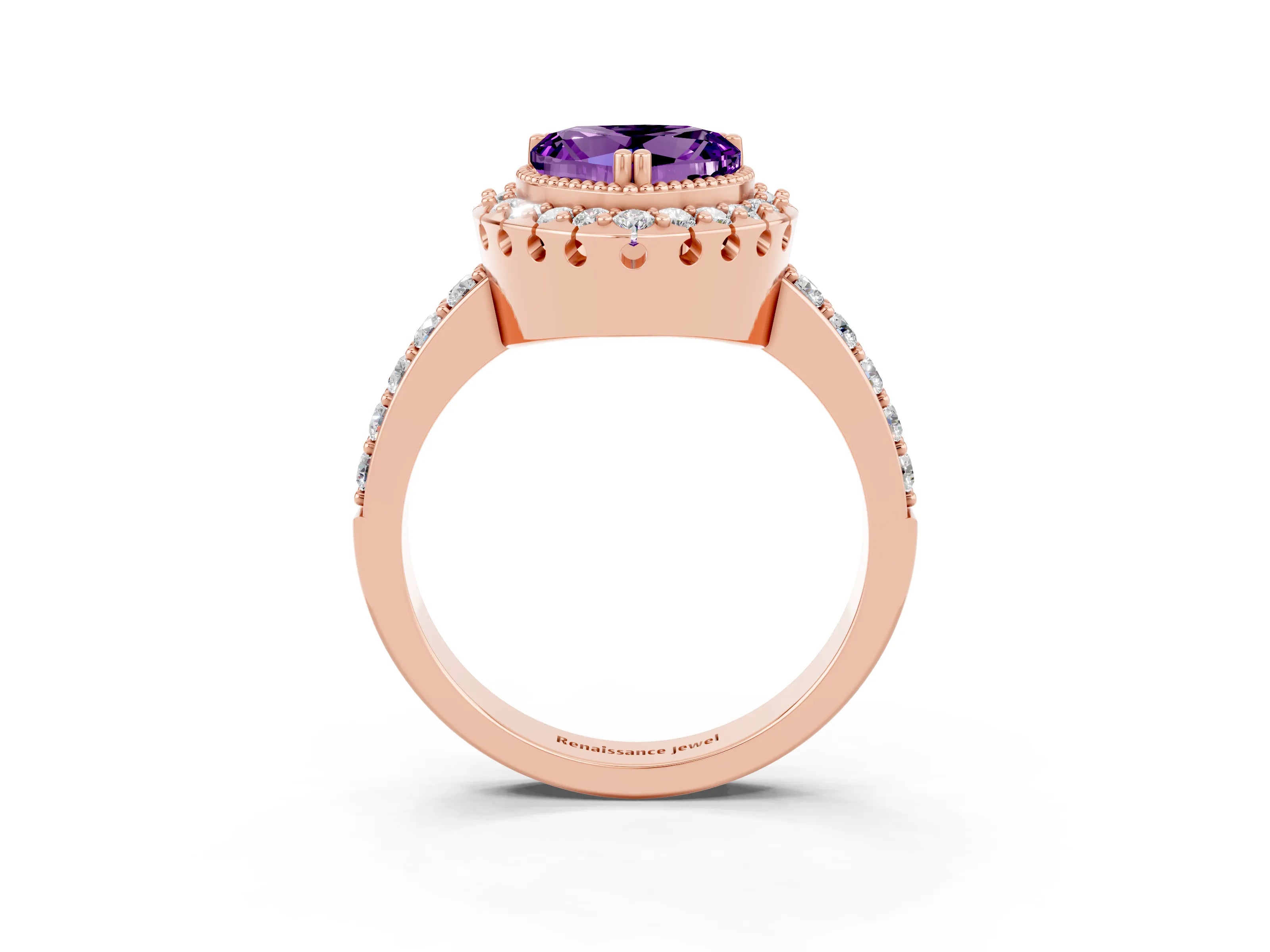 Rose gold Heart Cut Diamond Halo Ring with Pavé Band and Prong Setting_3