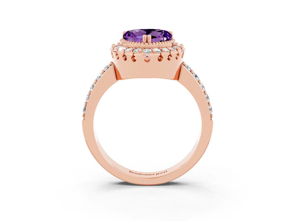 Rose gold Heart Cut Amethyst Halo Ring with Pavé Band and Prong Setting