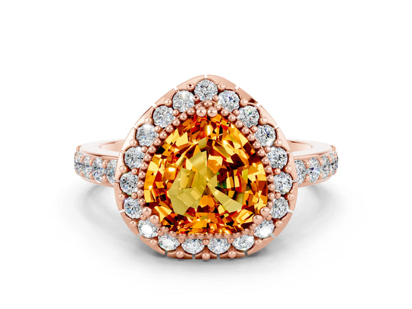 Rose gold Heart Cut Citrine Halo Ring with Pavé Band and Prong Setting
