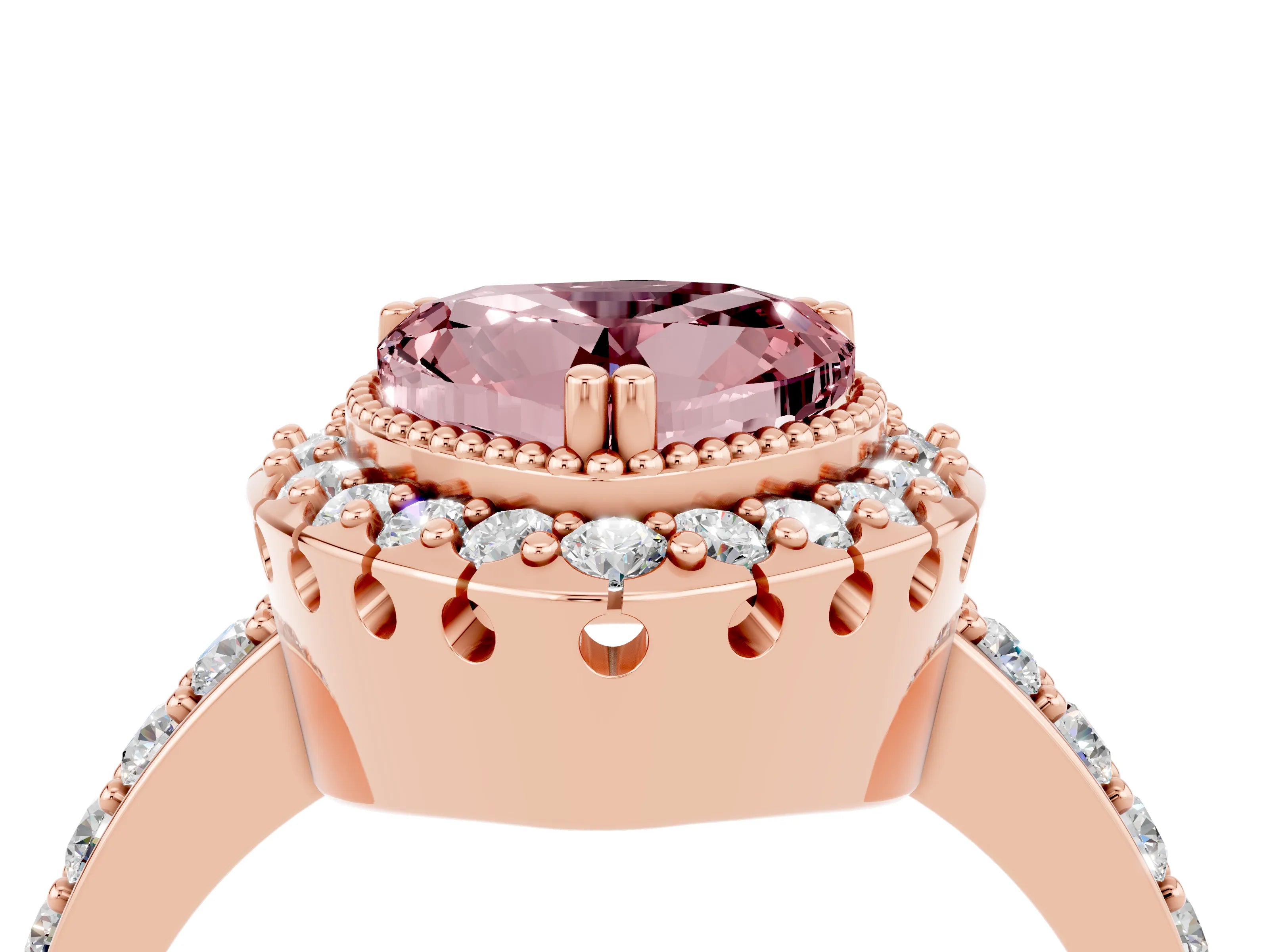 Rose gold Heart Cut Diamond Halo Ring with Pavé Band and Prong Setting_4