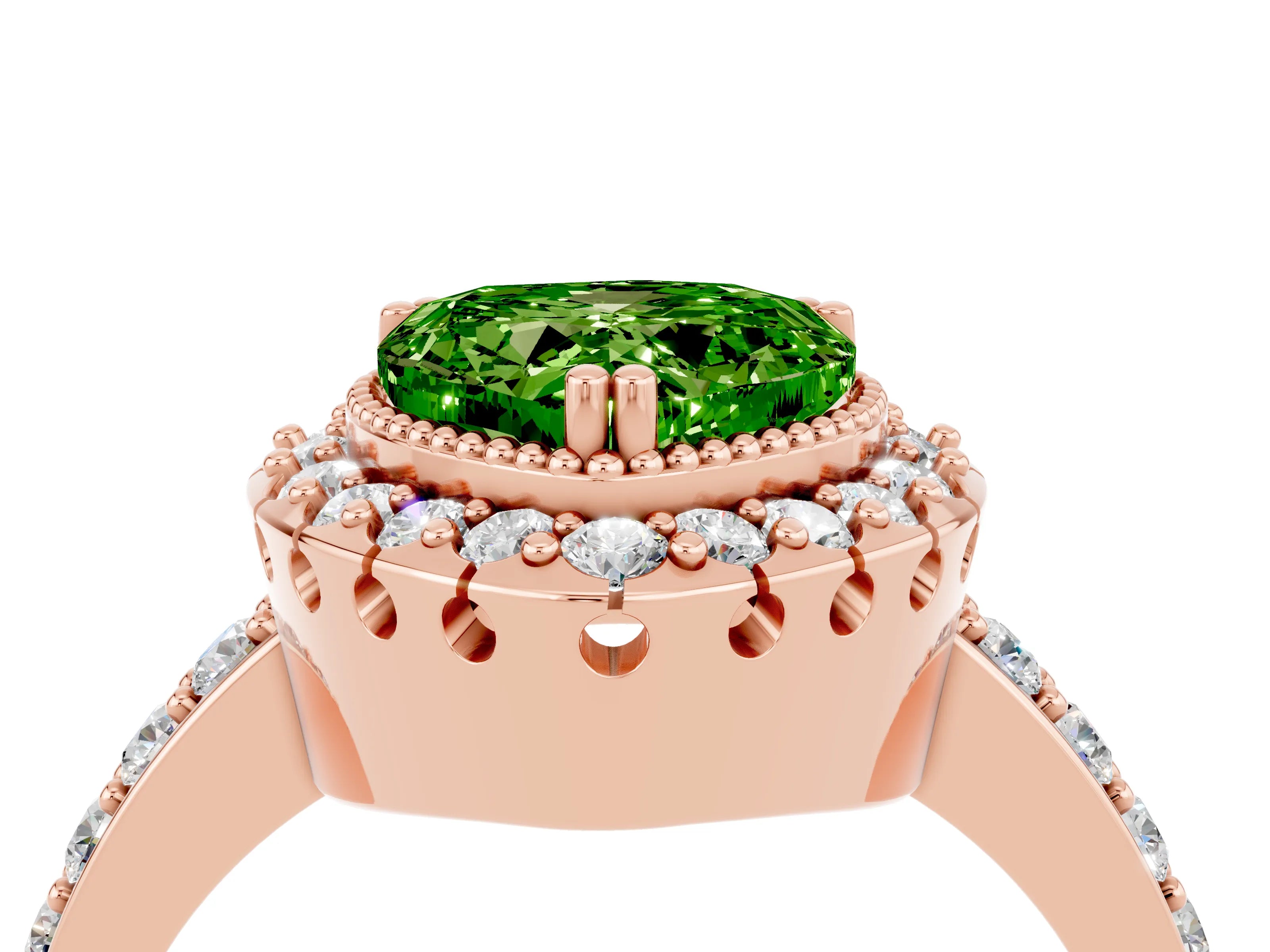 Rose gold Heart Cut Diamond Halo Ring with Pavé Band and Prong Setting_4