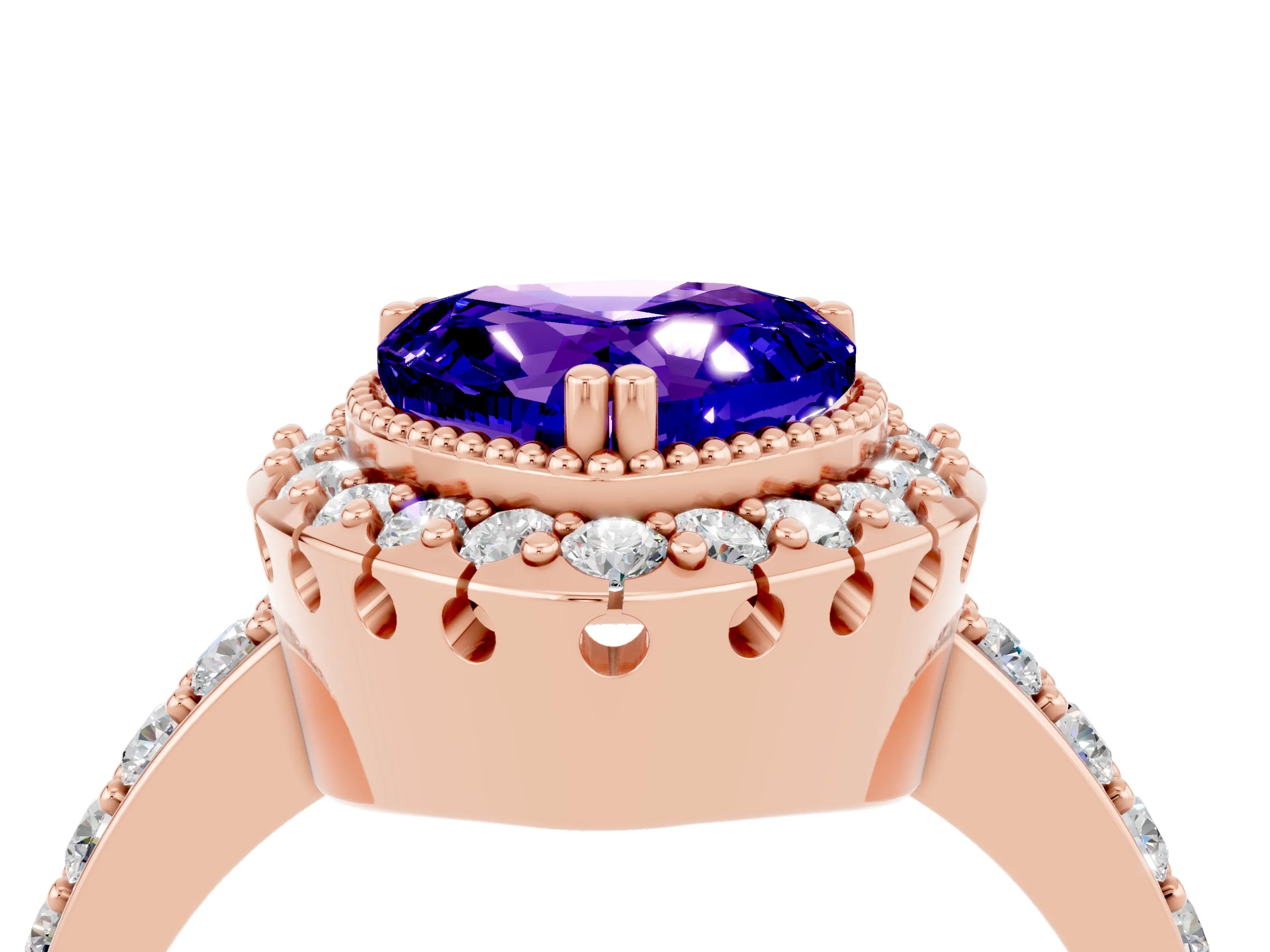 Rose gold Heart Cut Diamond Halo Ring with Pavé Band and Prong Setting_4