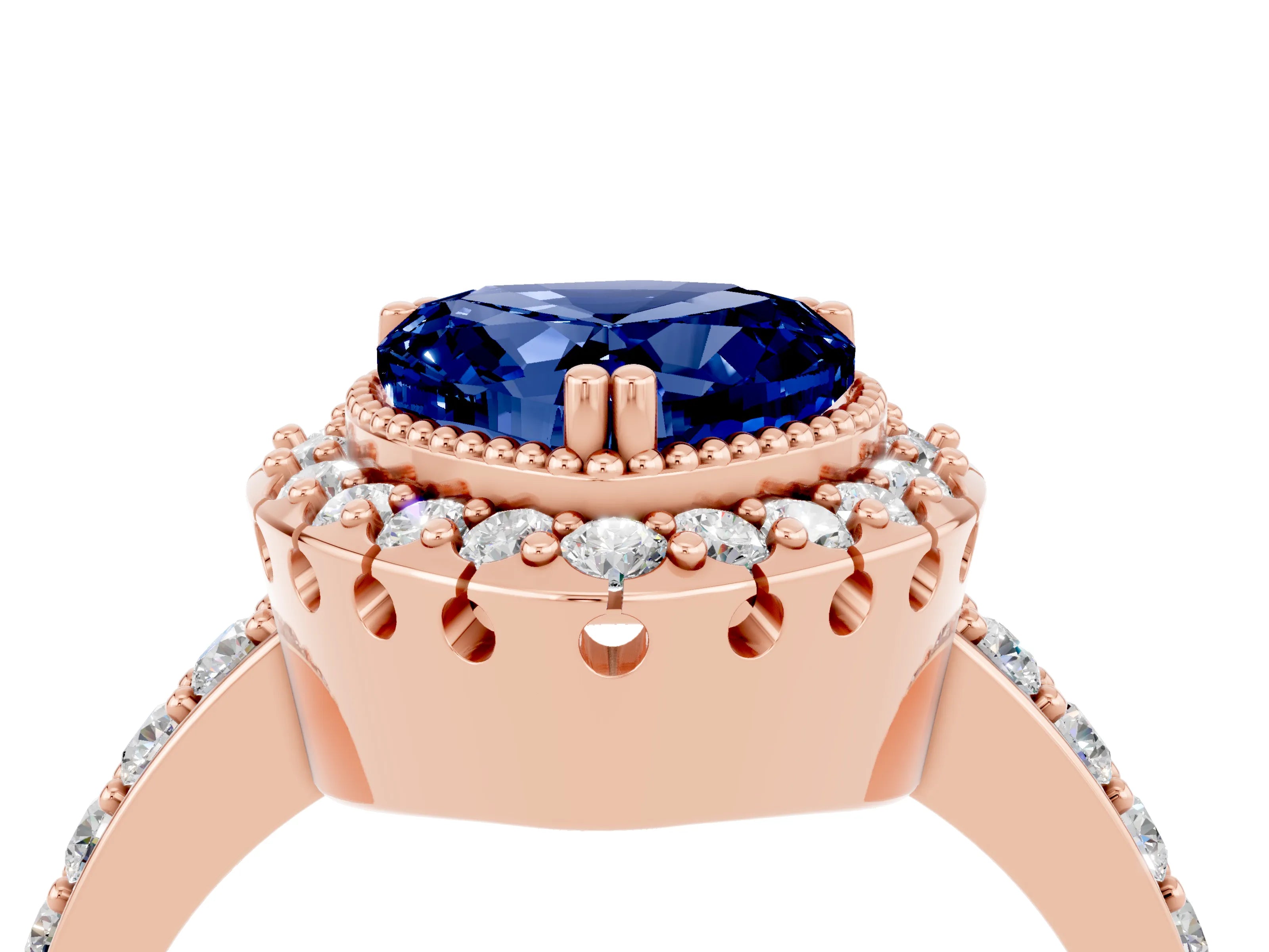 Rose gold Heart Cut Diamond Halo Ring with Pavé Band and Prong Setting_4