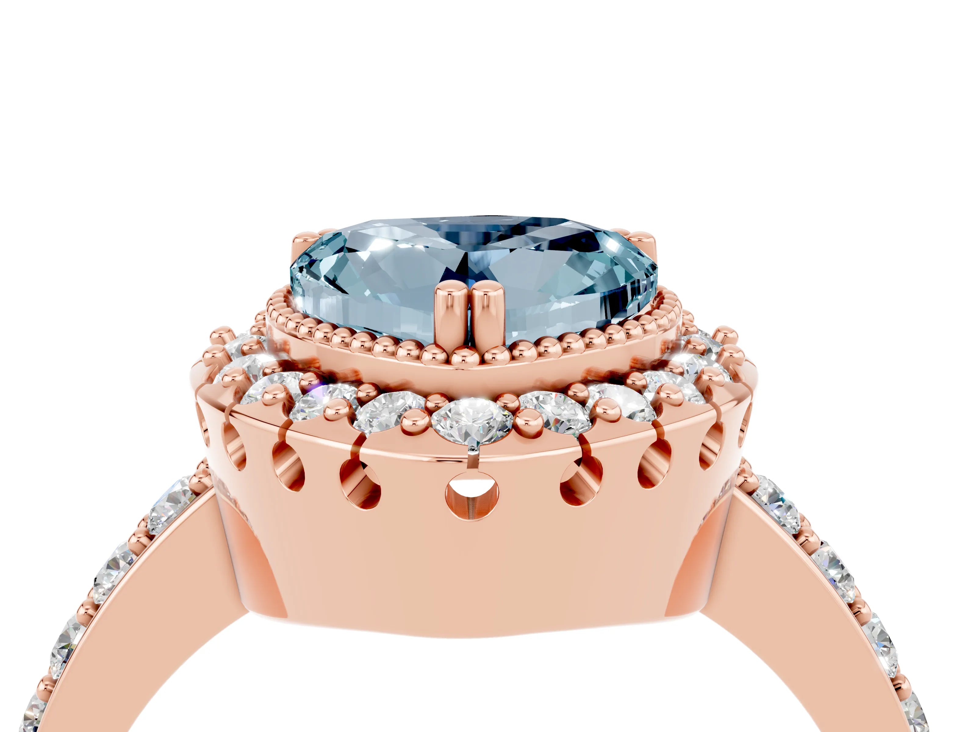 Rose gold Heart Cut Diamond Halo Ring with Pavé Band and Prong Setting_4