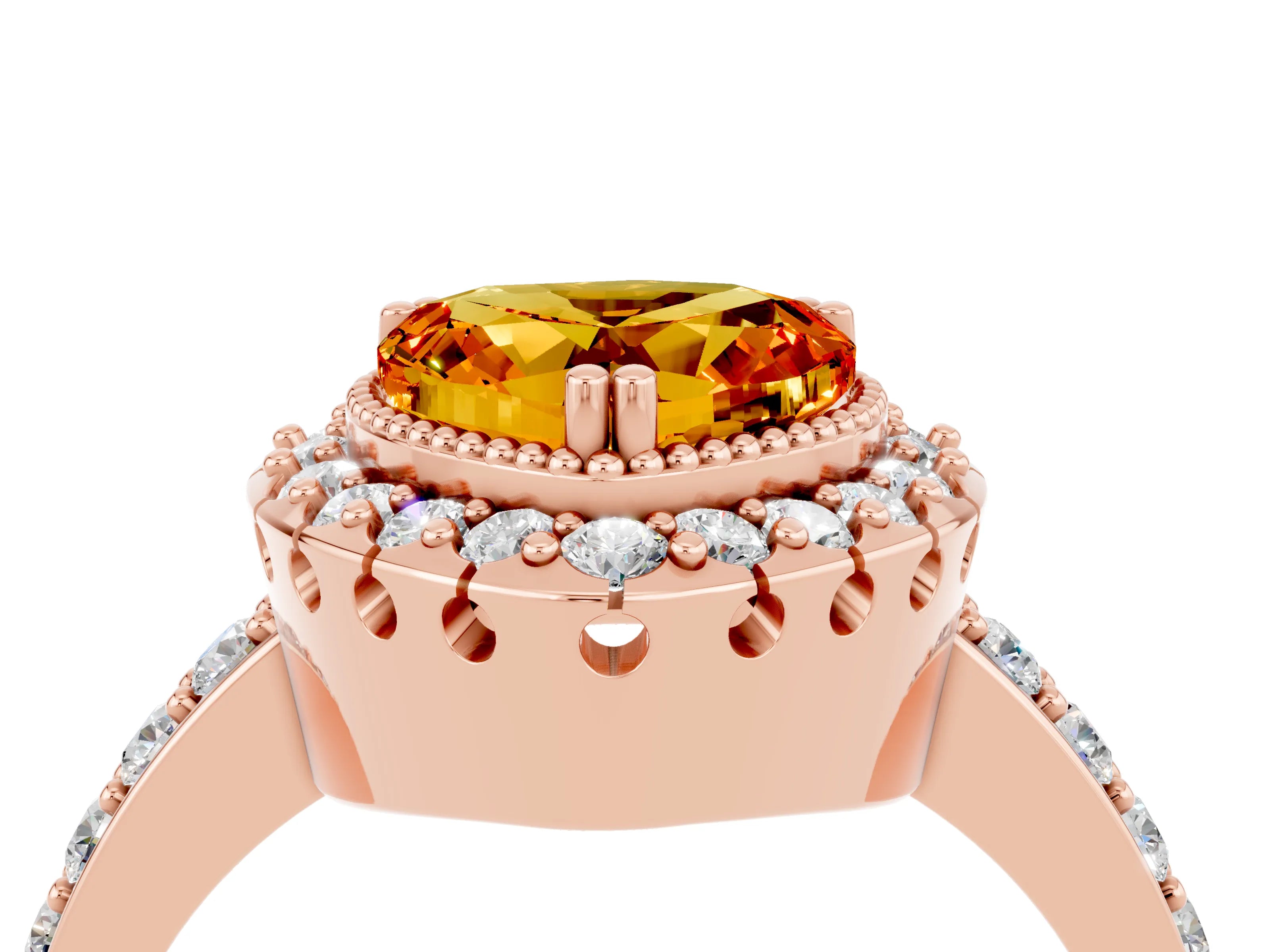 Rose gold Heart Cut Diamond Halo Ring with Pavé Band and Prong Setting_4