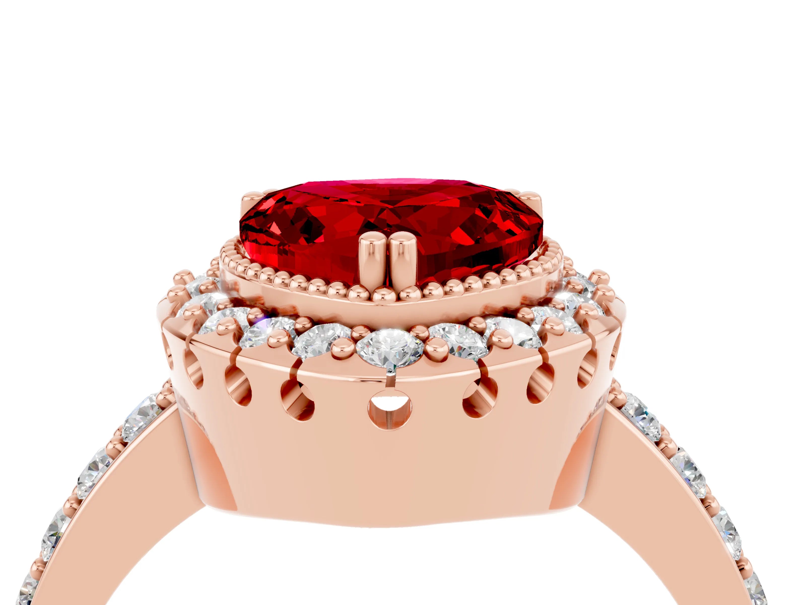 Rose gold Heart Cut Diamond Halo Ring with Pavé Band and Prong Setting_4