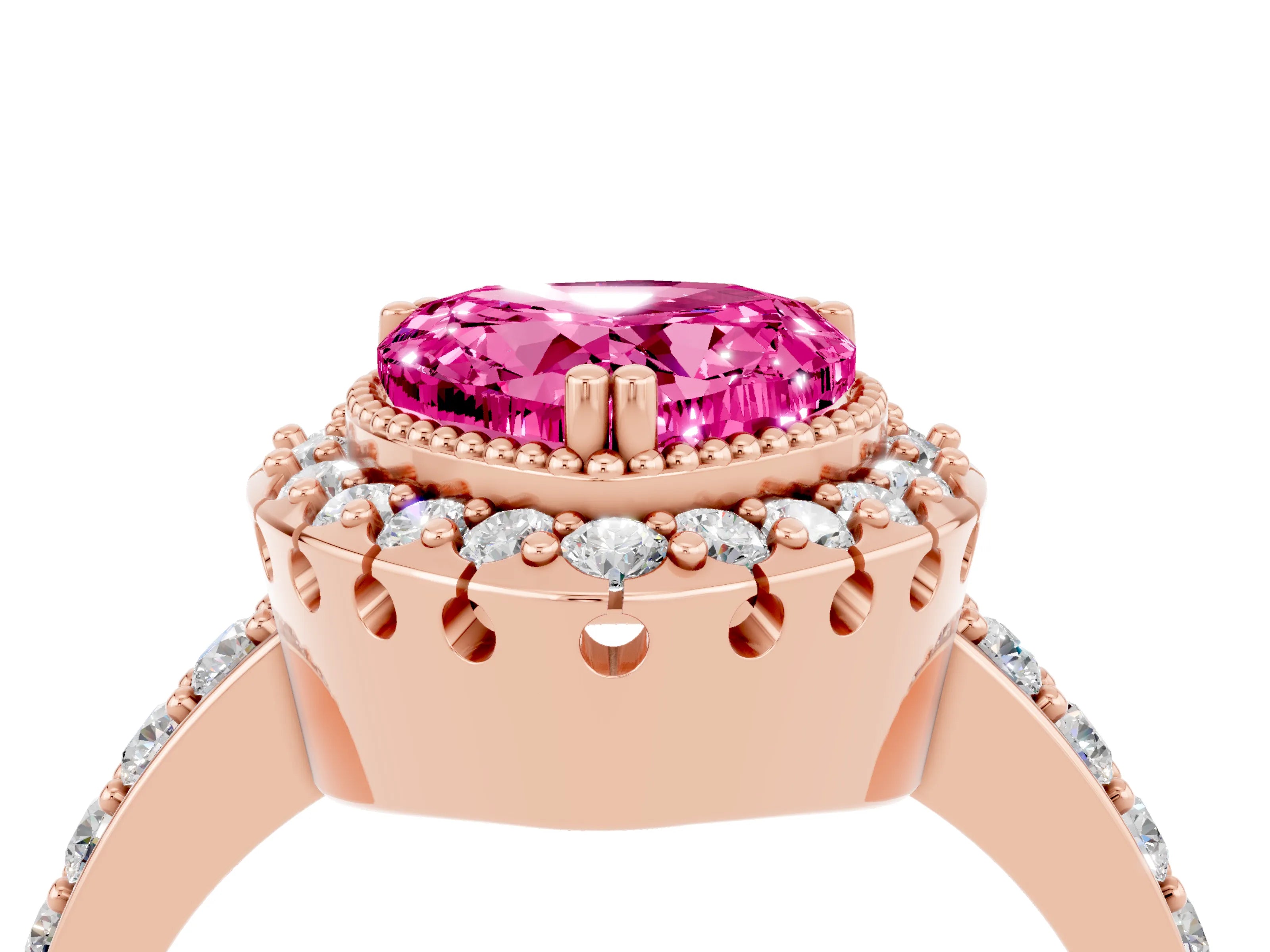 Rose gold Heart Cut Diamond Halo Ring with Pavé Band and Prong Setting_4