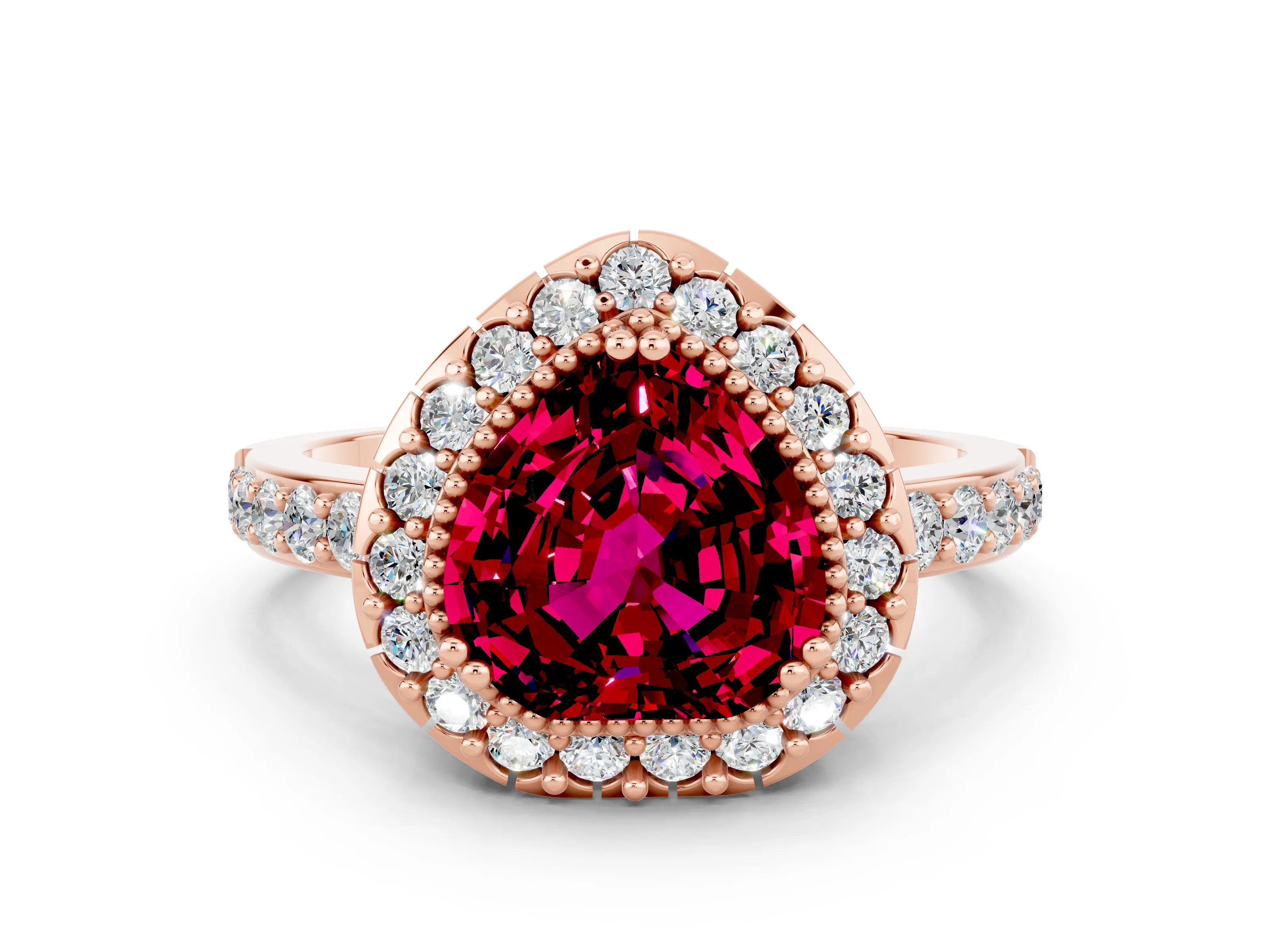 Rose gold Heart Cut Diamond Halo Ring with Pavé Band and Prong Setting