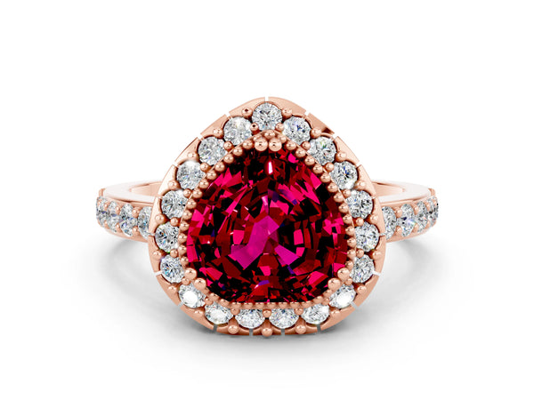 Rose gold Heart Cut Garnet Halo Ring with Pavé Band and Prong Setting
