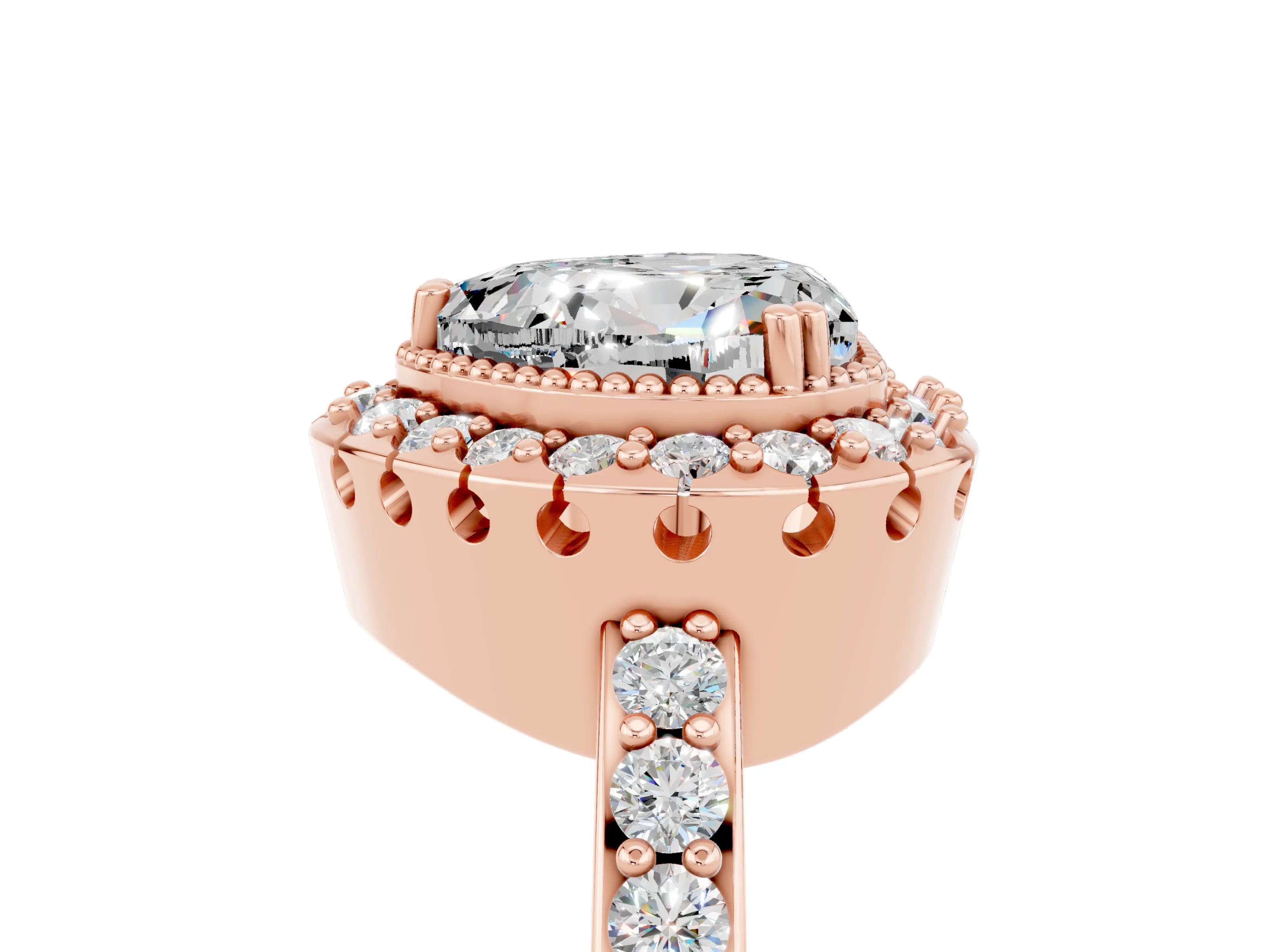 Rose gold Heart Cut Diamond Halo Ring with Pavé Band and Prong Setting_5