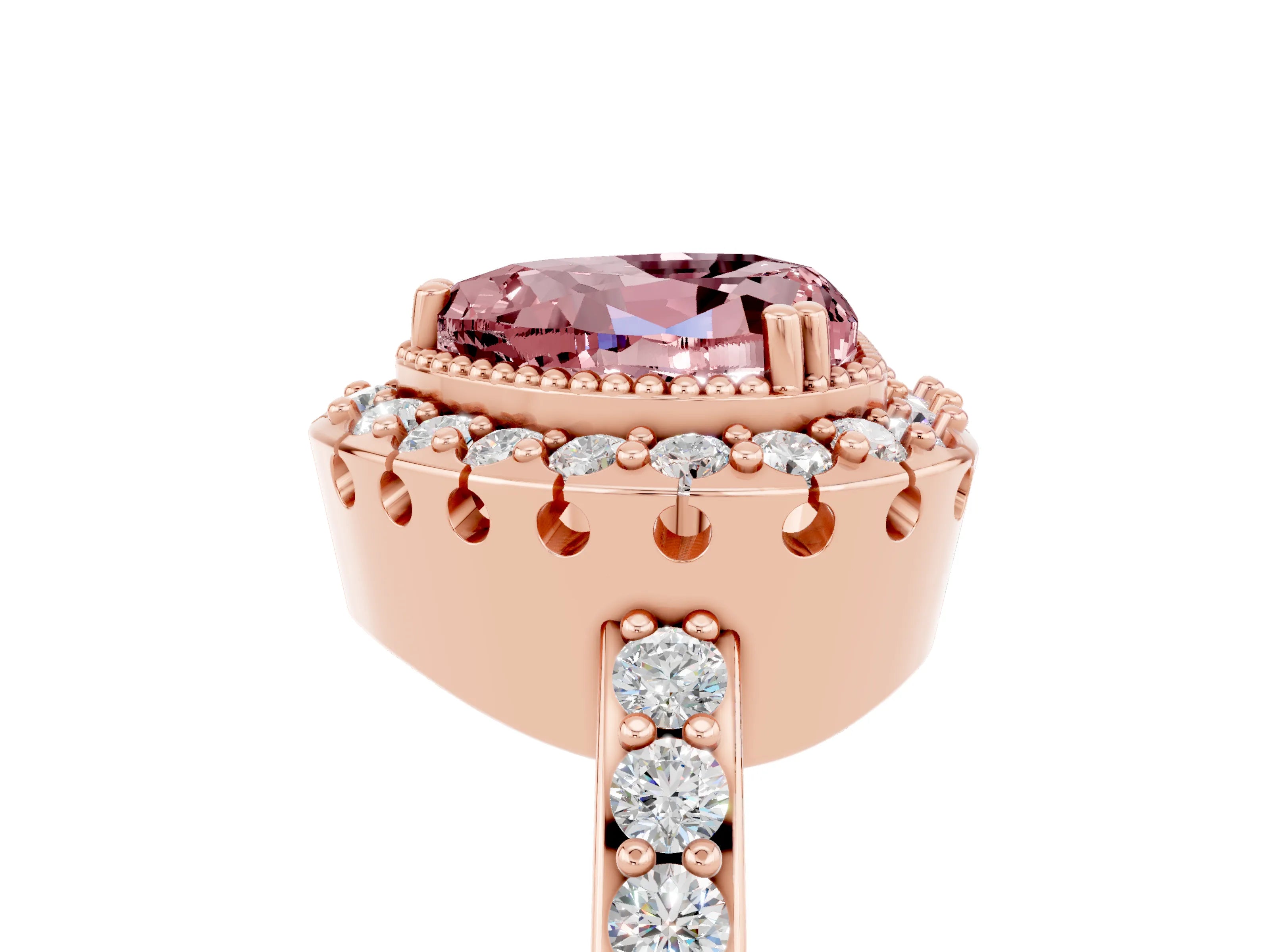 Rose gold Heart Cut Diamond Halo Ring with Pavé Band and Prong Setting_5